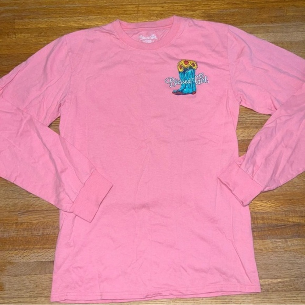 Blessed Girl Small Pink‎ Follow Jesus Cowboy Boots Sunflower Long Sleeve Shirt